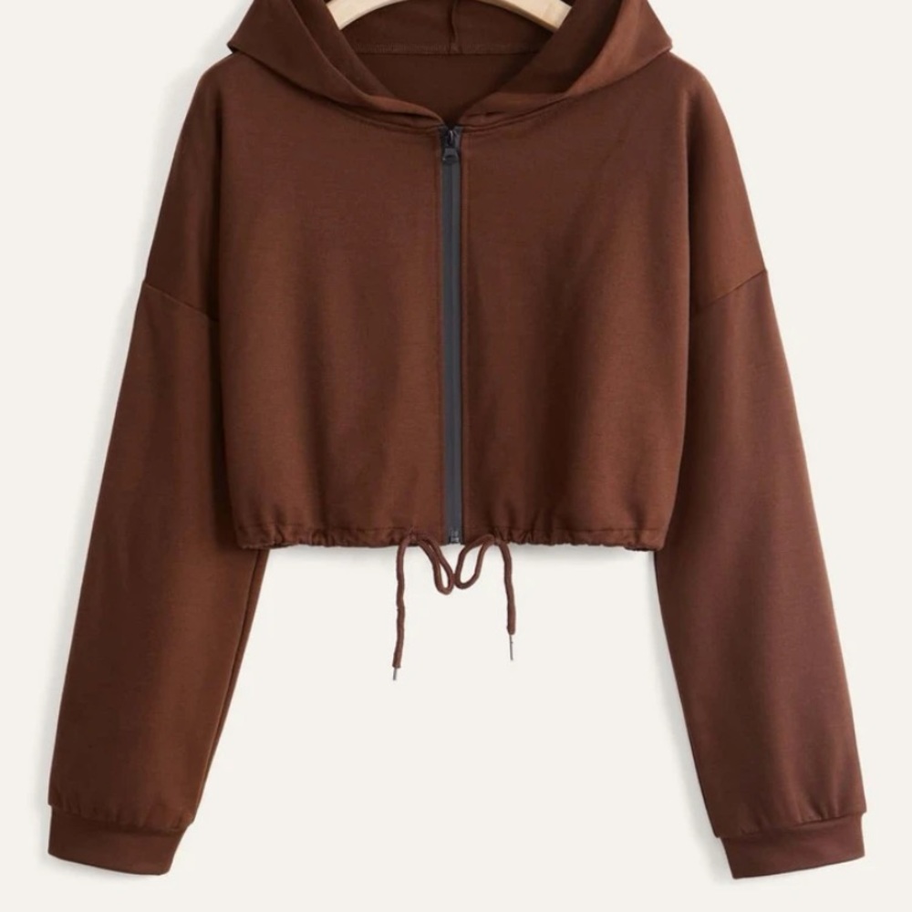NWT zip up drawstring crop hoodie brown sweatshirt size small size 4